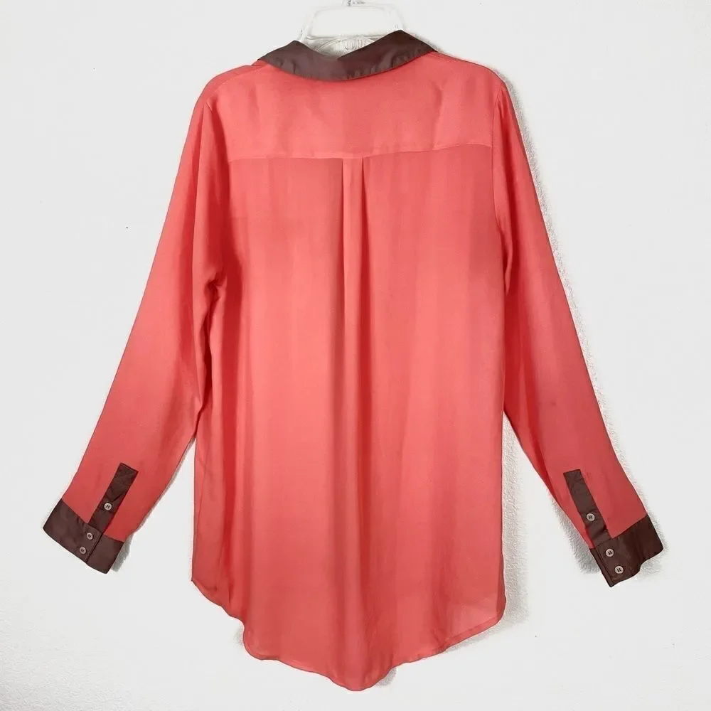 Free People Salmon Pink & Tan Long Sleeve Button Up Blouse Shirt Size S